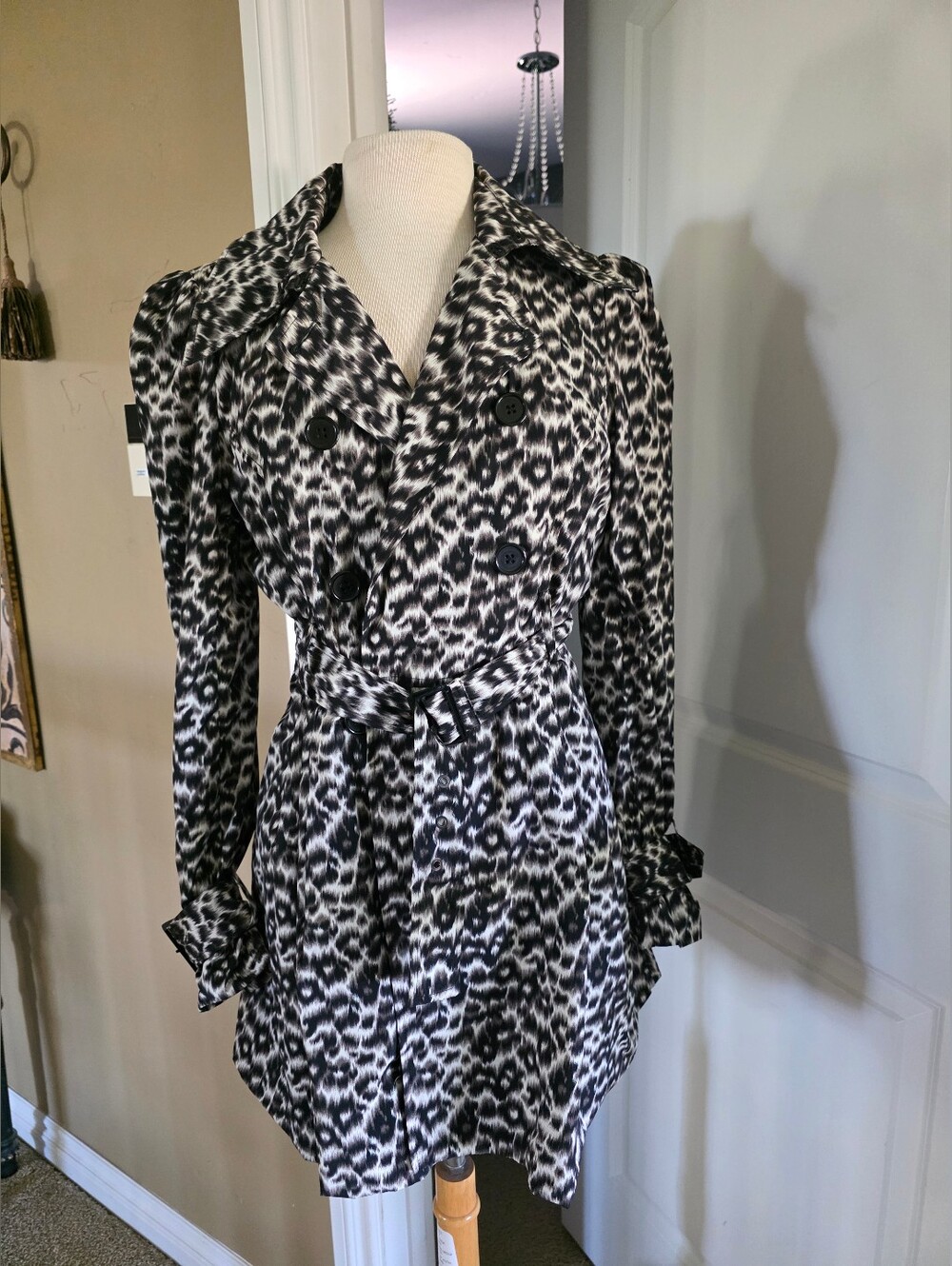 BEBE Black and White Leopard Print Trench Coat